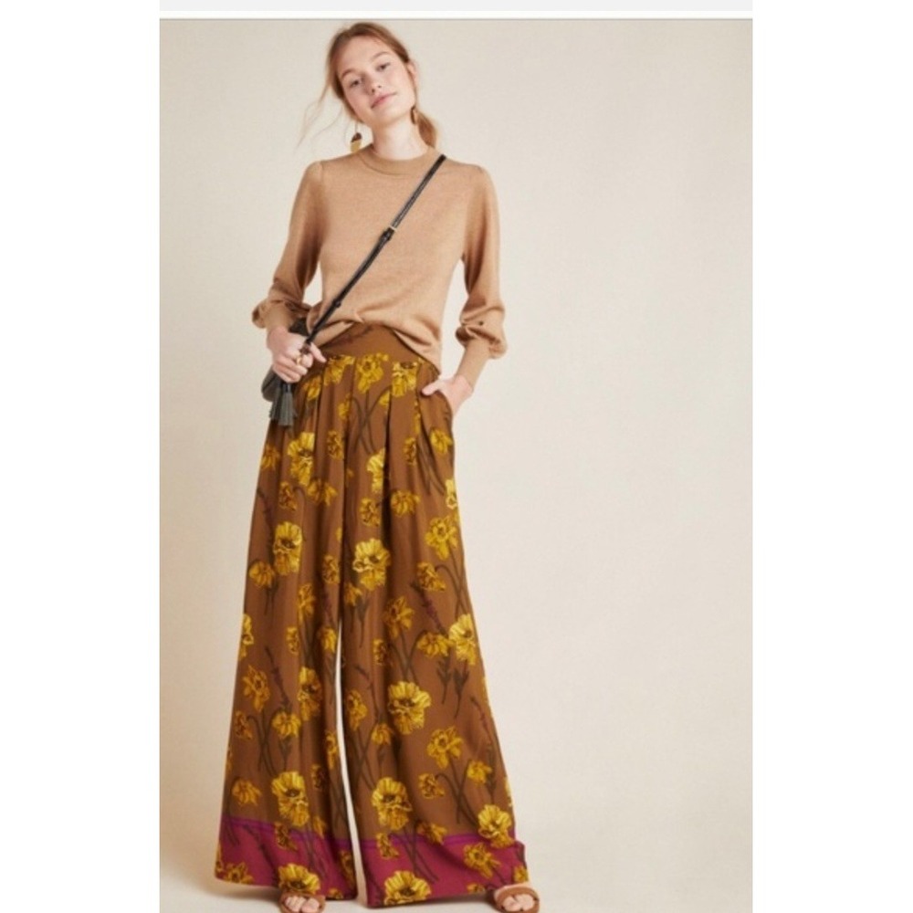 Anthropologie Maeve Terrace Floral Pants Brown Yellow Wide Leg Smocked Back 6